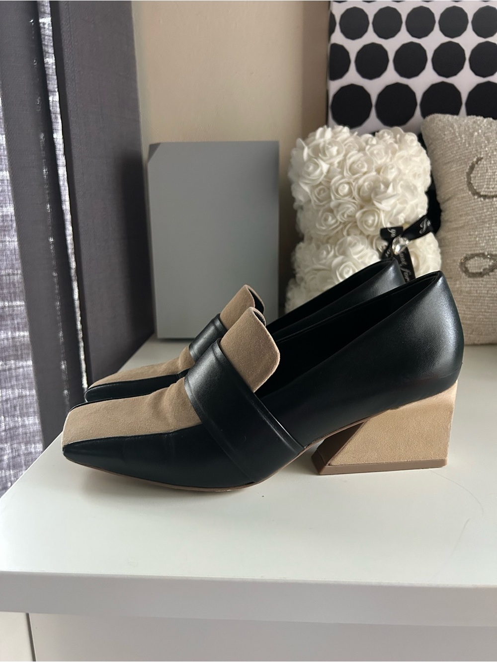 Mercedes Castillo Two-Tone Black and Beige Block Heel Loafers